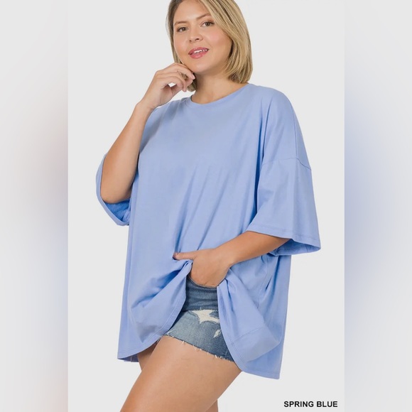 Plus Size Spring Blue Cotton Drop Shoulder Boyfriend Box Tee - Picture 2 of 3